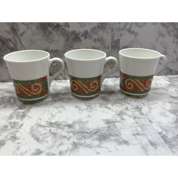 3 Corelle Sand Art Coffee Mugs. Coral, Blue & Green Geometric Design - Preowned - Picture 1 of 4